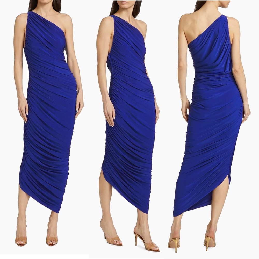Norma Kamali Diana Ruched One Shoulder Midi Gown Electric Blue‎ Small